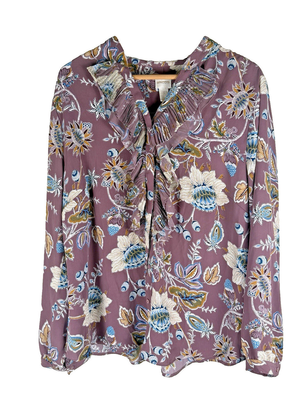 CHICO'S Dusty Purple & Blue Floral Long Roll Tab Sleeve Blouse X-Large Size 3